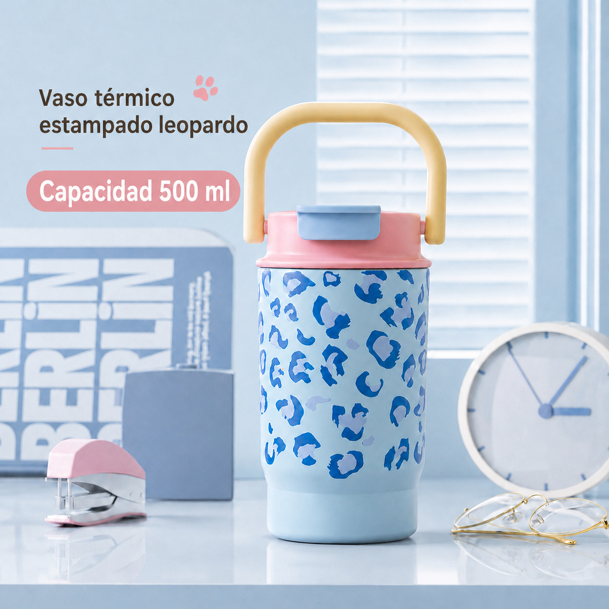 Vaso térmico estampado leopardo con popote 500-650 ml