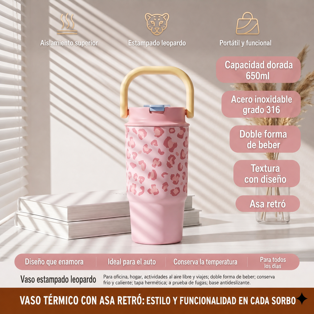 Vaso térmico estampado leopardo con popote 500-650 ml