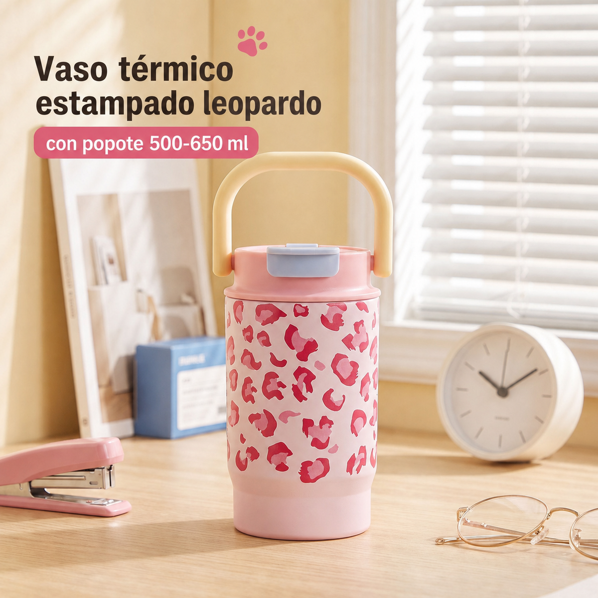 Vaso térmico estampado leopardo con popote 500-650 ml