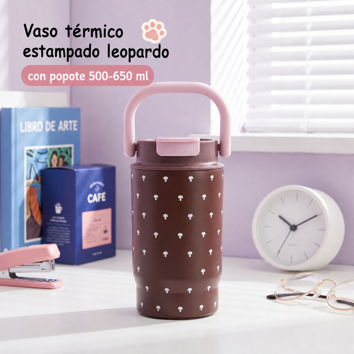 Vaso térmico estampado leopardo con popote 500-650 ml