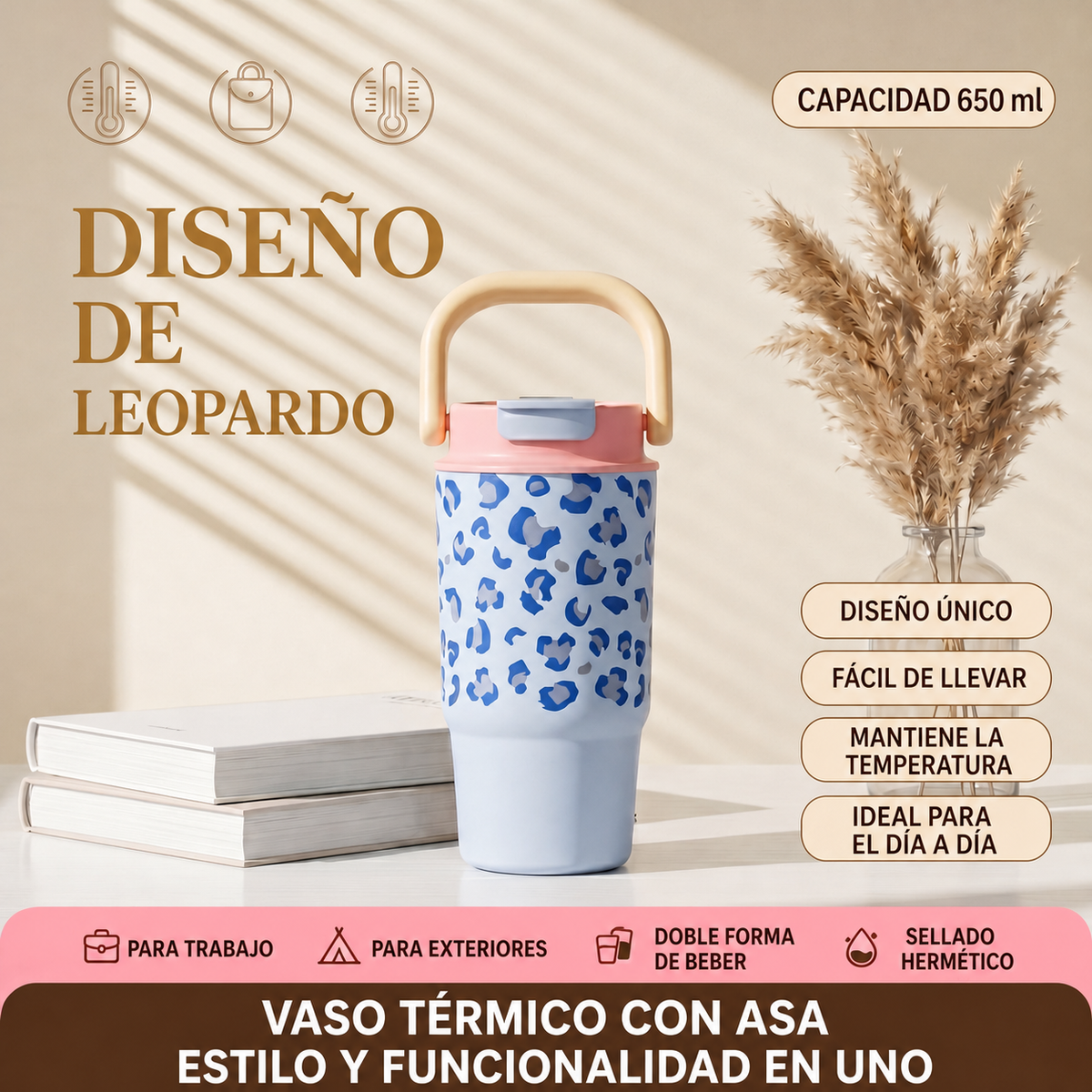 Vaso térmico estampado leopardo con popote 500-650 ml