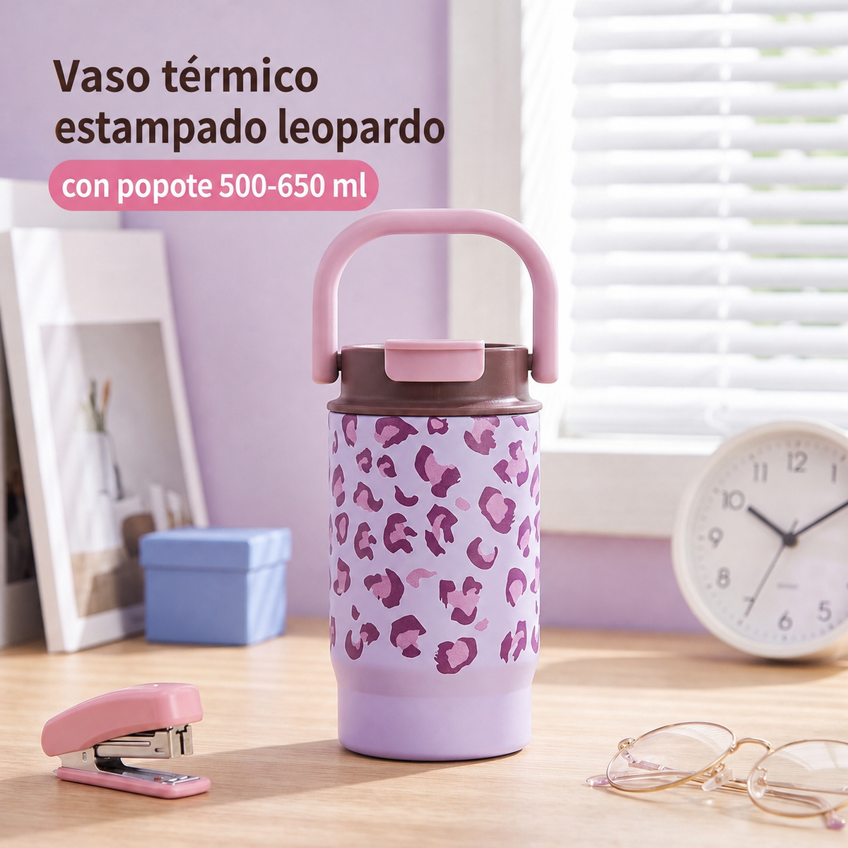 Vaso térmico estampado leopardo con popote 500-650 ml