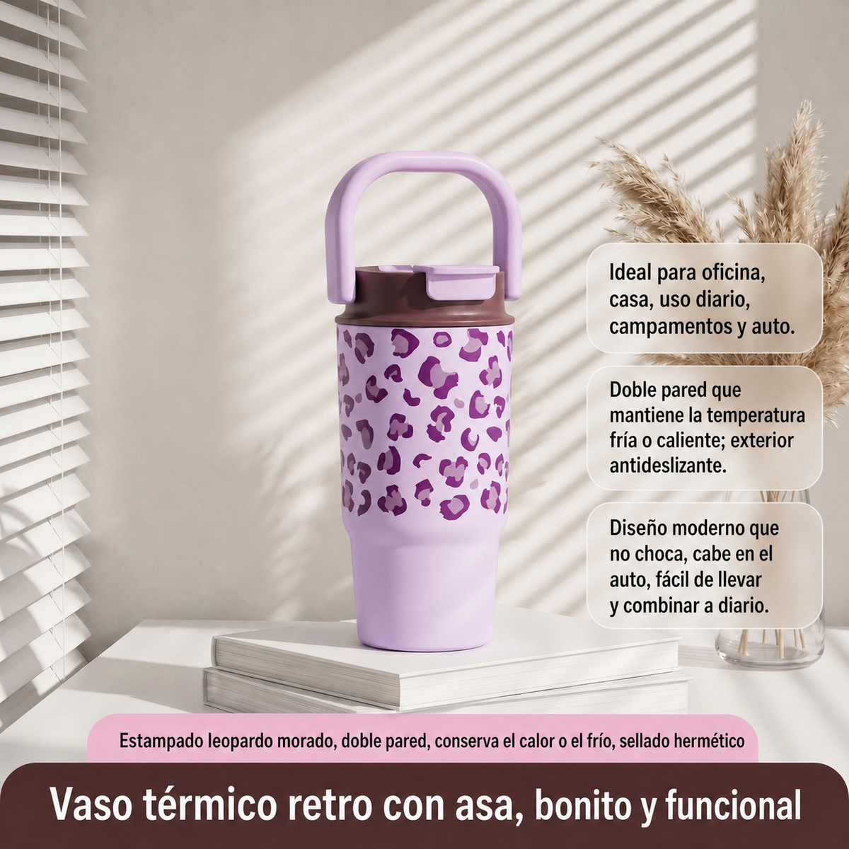 Vaso térmico estampado leopardo con popote 500-650 ml