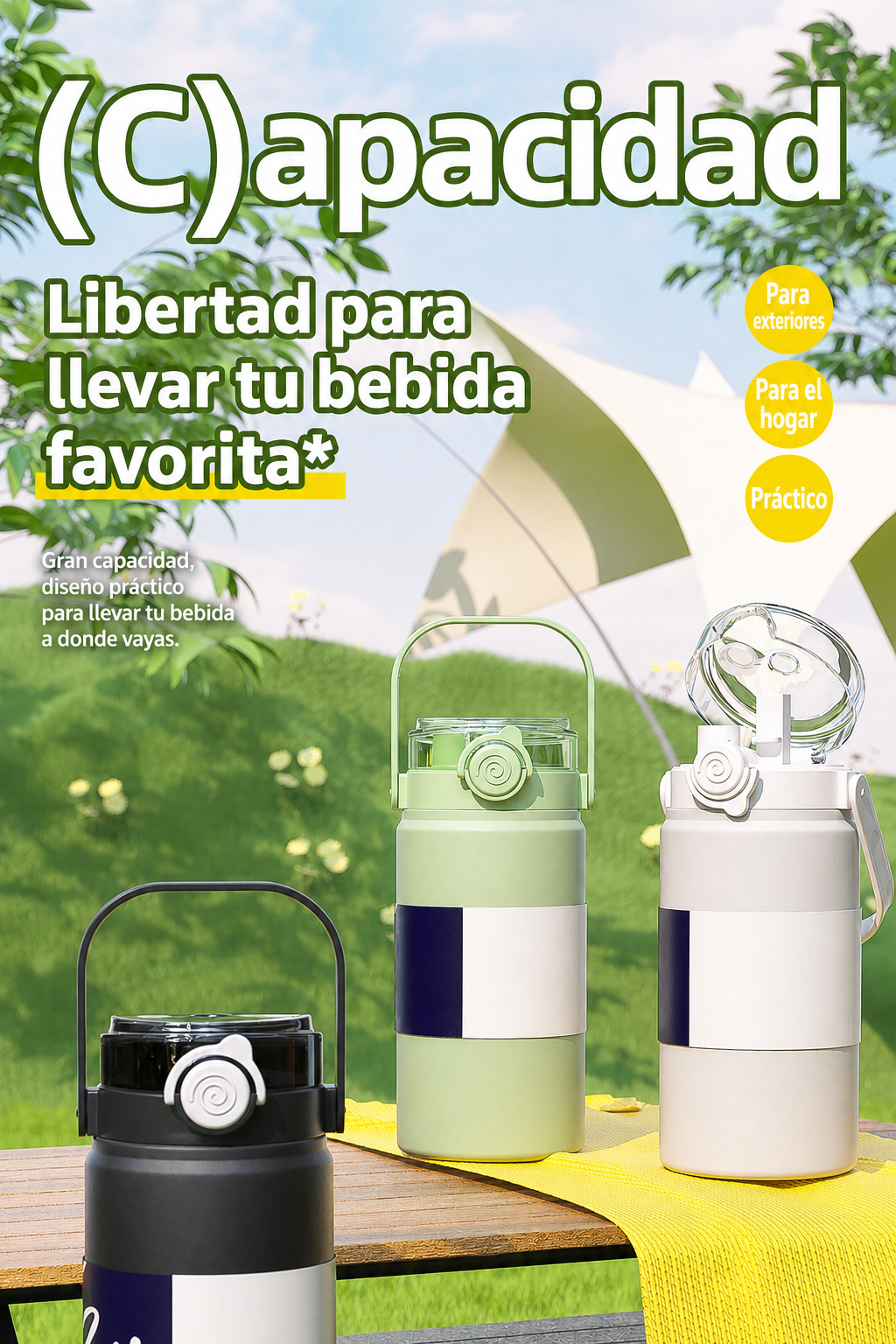 Termo de 1 y 1.2 Litros | acero inoxidable con popote y asa - 9