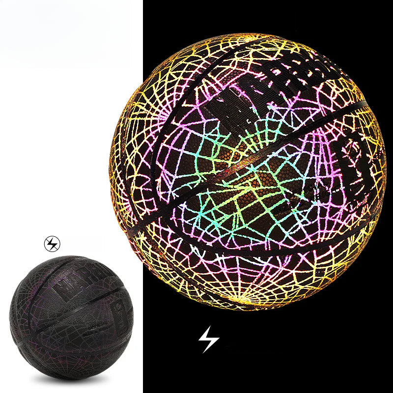 Balón de baloncesto fluorescente con efecto arcoíris reflectante, ideal para juegos nocturnos al aire libre y entrenamiento visual.