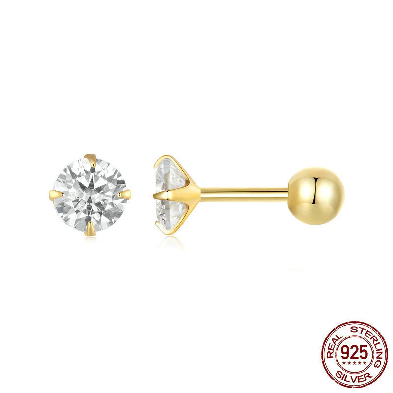 Pendientes Solitario de Plata 925 con Zirconio Corte Diamante y Cierre de Rosca