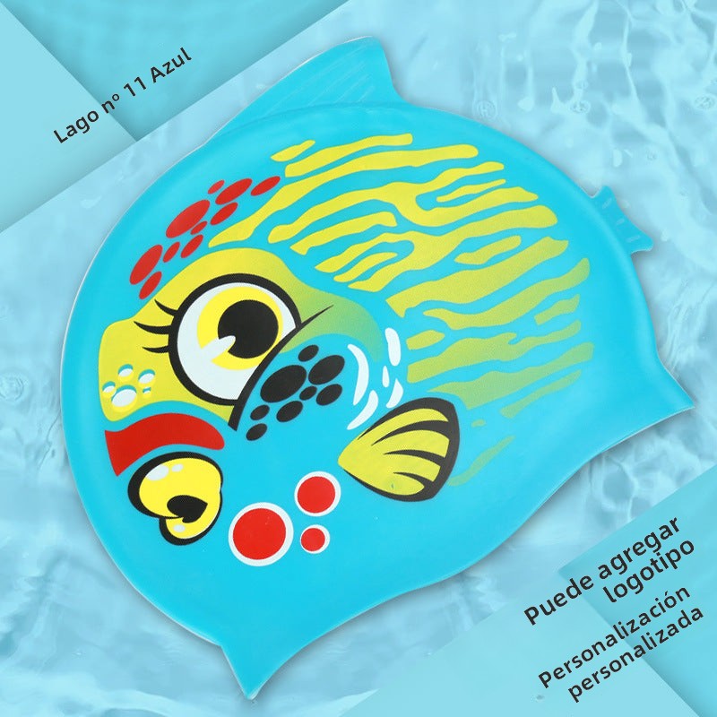 Gorro de silicona infantil multicolor: resistente al agua, con orejeras, diseño de animales y pez para natación y entrenamiento