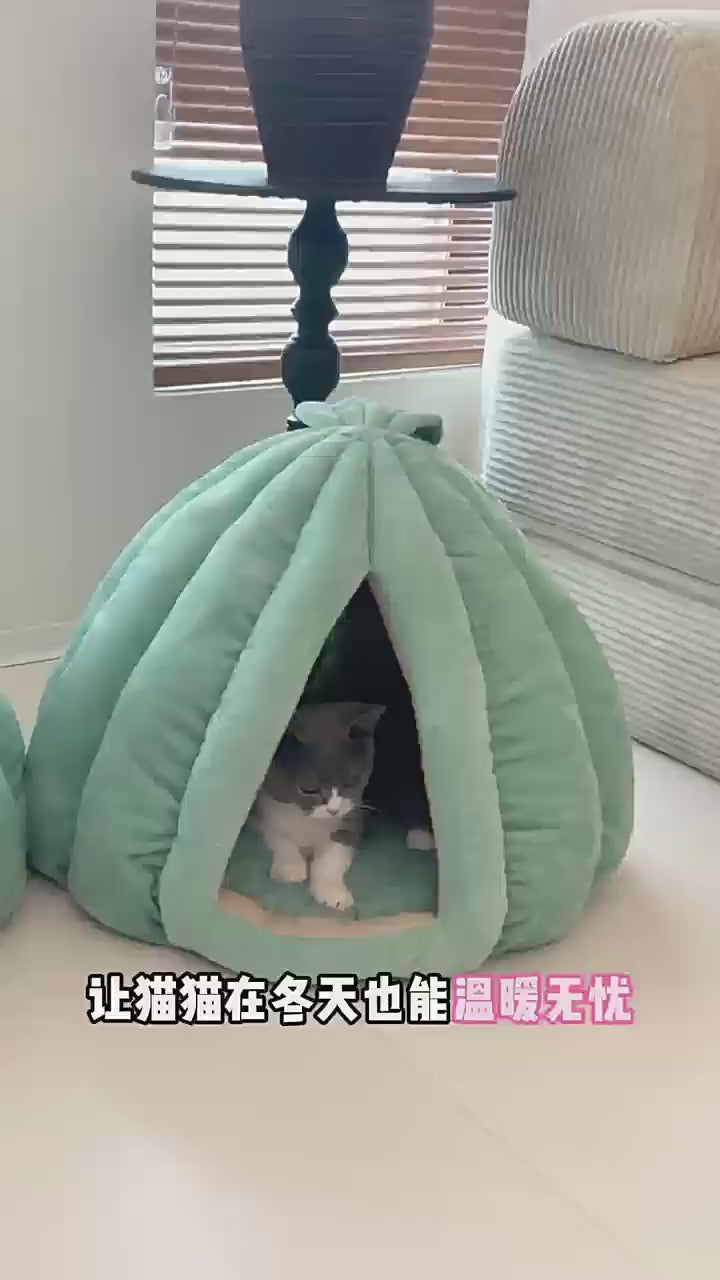 Load video: Pumpkin Cat Bed with Leaf Design: Warm, Washable, All-Season Pet Bed