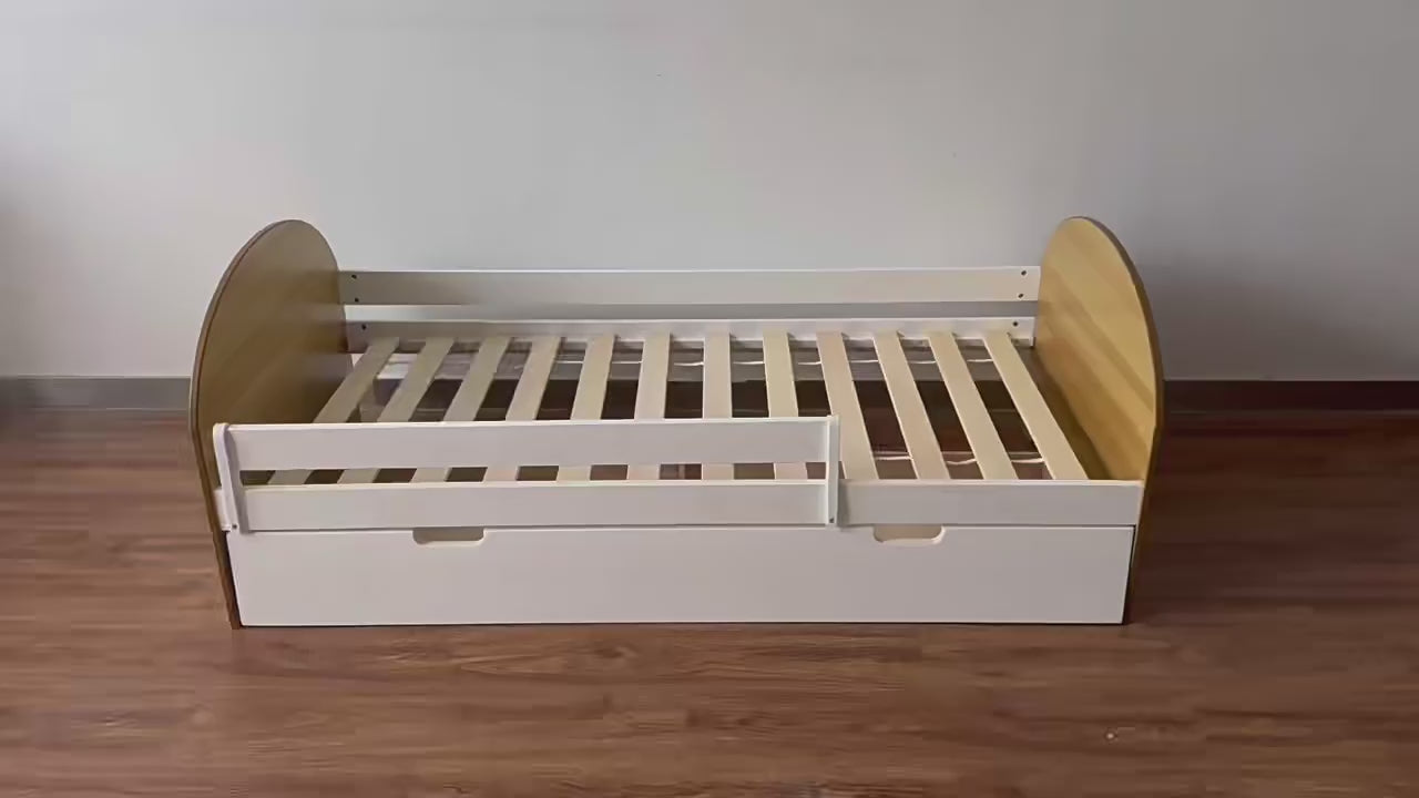 Cargar vídeo: Cama infantil de madera con barandal y cama deslizable