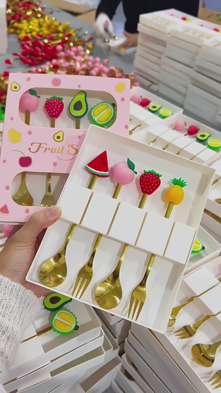 Load video: Cartoon Fruit Utensil Set: Cute Stainless Steel Dessert Spoons and Forks Gift