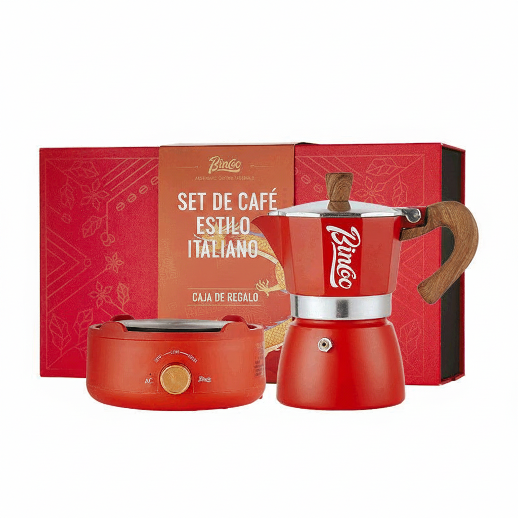 Set de Cafetera Italiana con Placa Calentadora y Caja de Regalo
