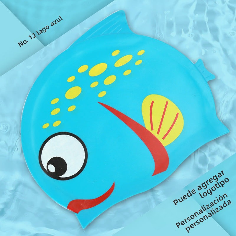 Gorro de silicona infantil multicolor: resistente al agua, con orejeras, diseño de animales y pez para natación y entrenamiento