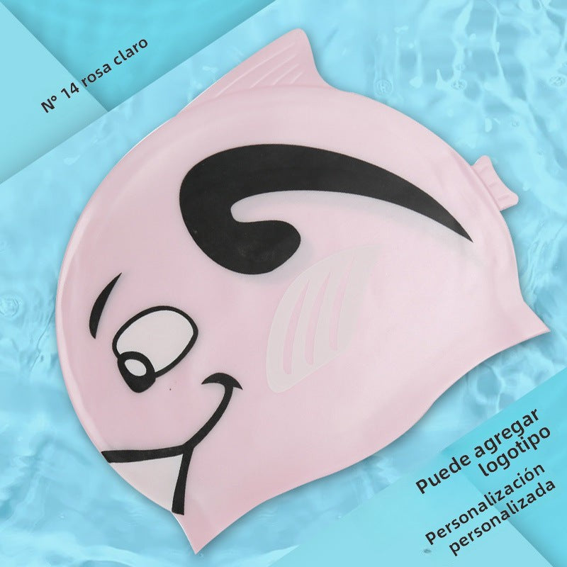 Gorro de silicona infantil multicolor: resistente al agua, con orejeras, diseño de animales y pez para natación y entrenamiento