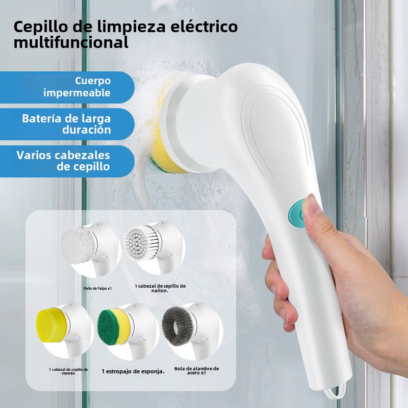 Cepillo eléctrico para limpiar  con mango largo y cinco cabezas de limpieza intercambiables