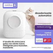 Arenero automático para gatos con ventilación eléctrica inteligente y sistema antibacteriano para mejorar la higiene y controlar olores.