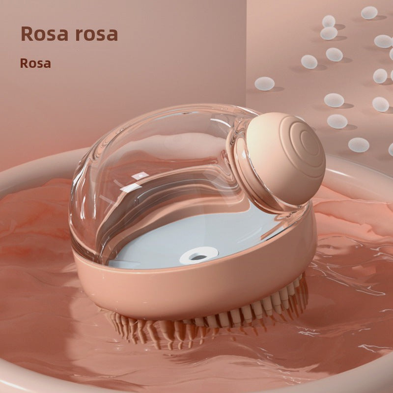 Cepillo de baño de silicona en color rosa con dispensador de jabón. Diseño ergonómico para un agarre cómodo y masaje relajante para mascotas.