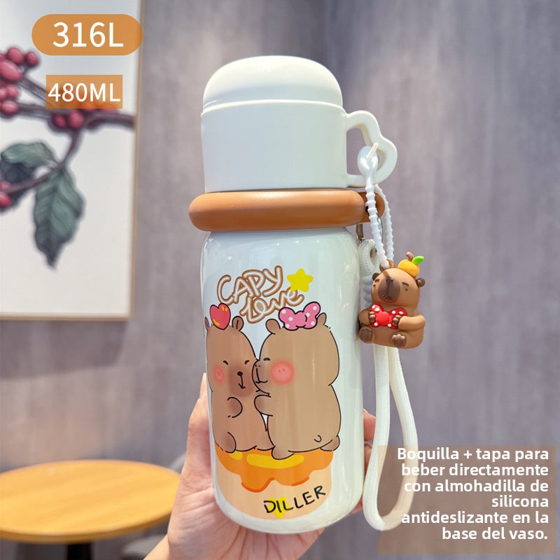 Capybara 316L Straw Thermos Cup: New High-Value Design for Children and Students, Portable Flip-Top Dual-Use Water Cup