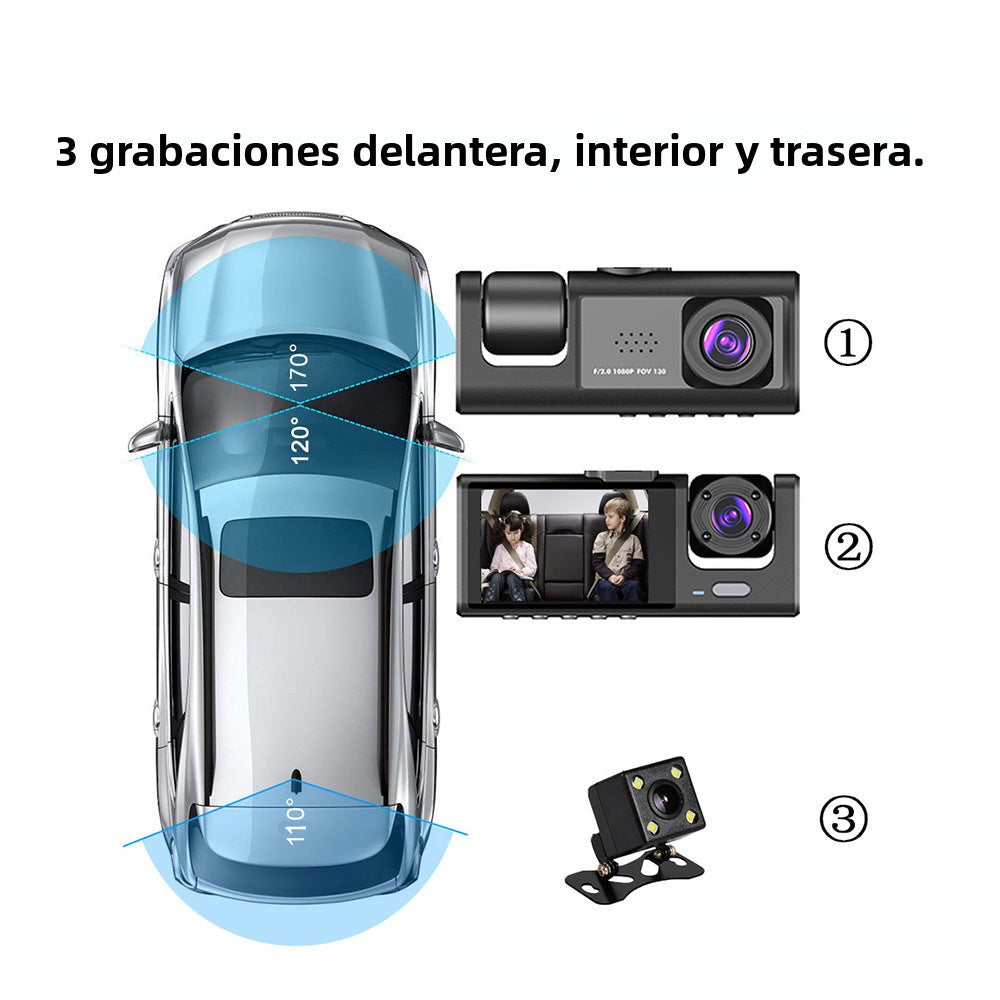 Cámara De Seguridad para Auto  –  3 Lentes Con Cámara Frontal, Interior y Trasera HD