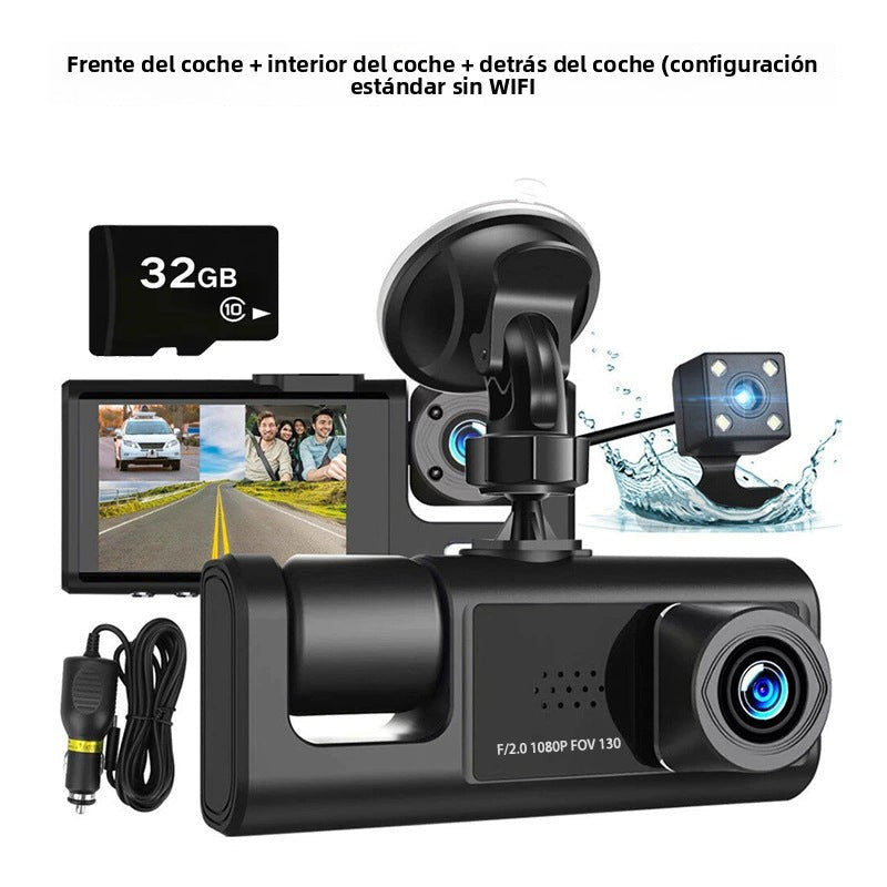 Cámara De Seguridad para Auto  –  3 Lentes Con Cámara Frontal, Interior y Trasera HD