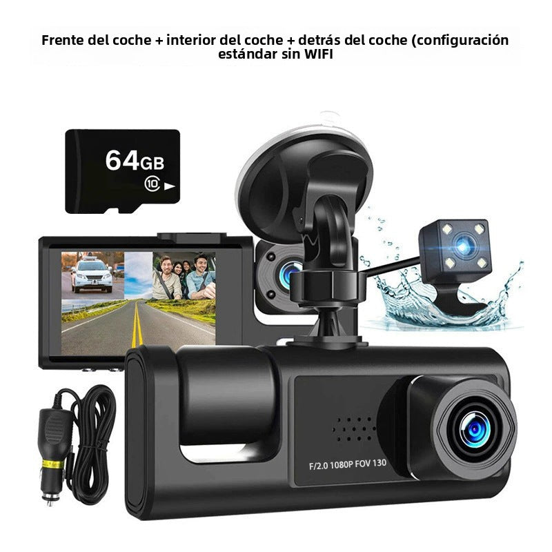 Cámara De Seguridad para Auto  –  3 Lentes Con Cámara Frontal, Interior y Trasera HD