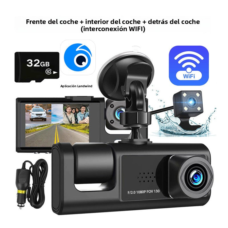 Cámara De Seguridad para Auto  –  3 Lentes Con Cámara Frontal, Interior y Trasera HD