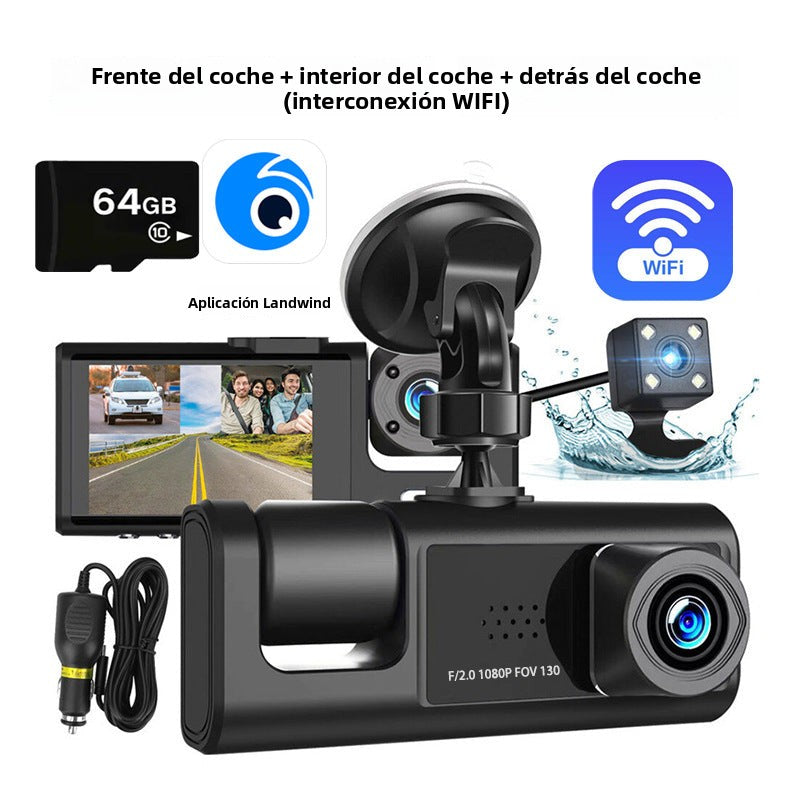 Cámara De Seguridad para Auto  –  3 Lentes Con Cámara Frontal, Interior y Trasera HD