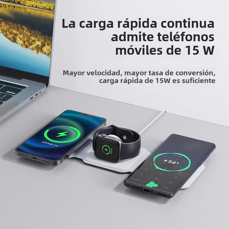 Cargador inalámbrico  3 en 1 de 15W con base magnética para celular, audífonos y reloj