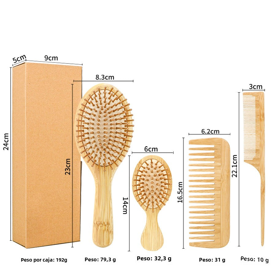 Set de Peines de Bambú Natural: Cepillo de Masaje con Almohadilla de Aire, Peine de Dientes Anchos y Peine de Cola, Ecológico para Niños