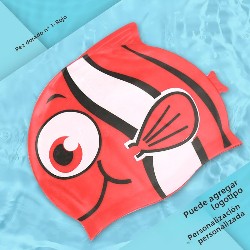 Gorro de silicona infantil multicolor: resistente al agua, con orejeras, diseño de animales y pez para natación y entrenamiento