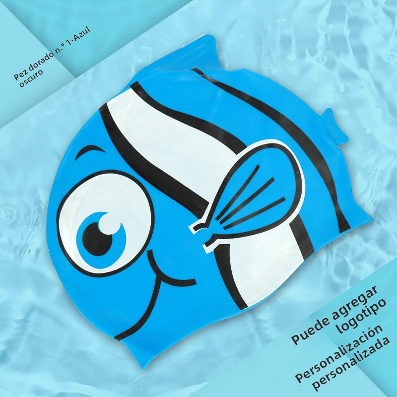 Gorro de silicona infantil multicolor: resistente al agua, con orejeras, diseño de animales y pez para natación y entrenamiento