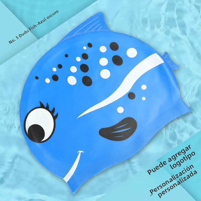 Gorro de silicona infantil multicolor: resistente al agua, con orejeras, diseño de animales y pez para natación y entrenamiento